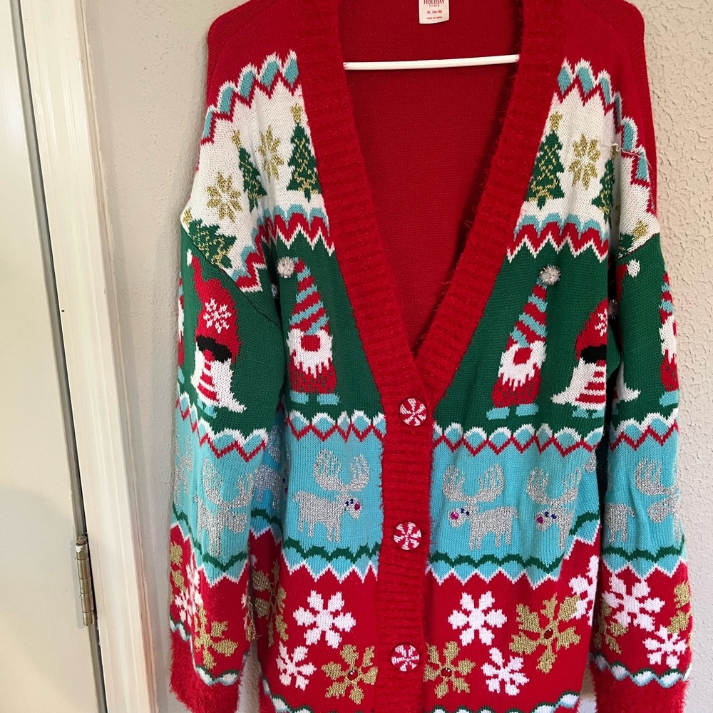 Holiday Time Red and Green Festive Cardigan, Christmas theme, beautiful details